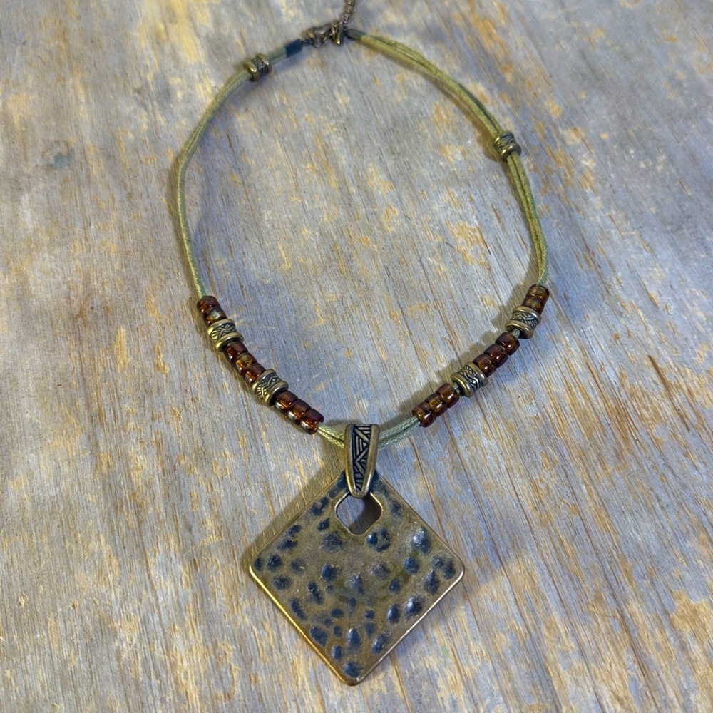 Patricia Nash Boho Leather Cord Necklace w/ Hammered Square Pendant